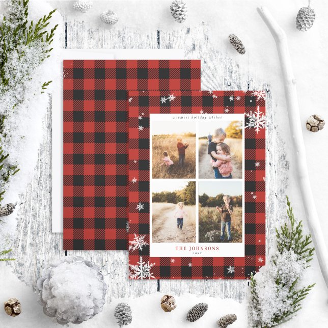 Rustic Red Buffalo Check Snowflake 4 Photo Holiday Card (Creator Uploaded)