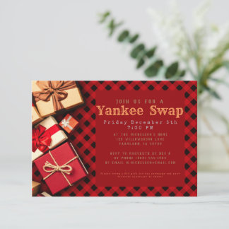 Rustic Red Buffalo Check Yankee Swap Holiday Party Invitation