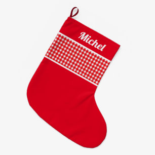 Rustic Red Buffalo checked custom name Large Christmas Stocking