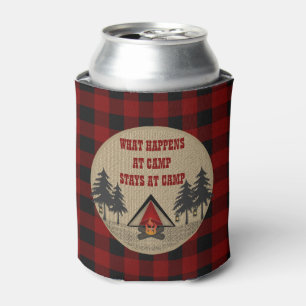Rustic Red Buffalo Checks Camp Camping Name Can Cooler