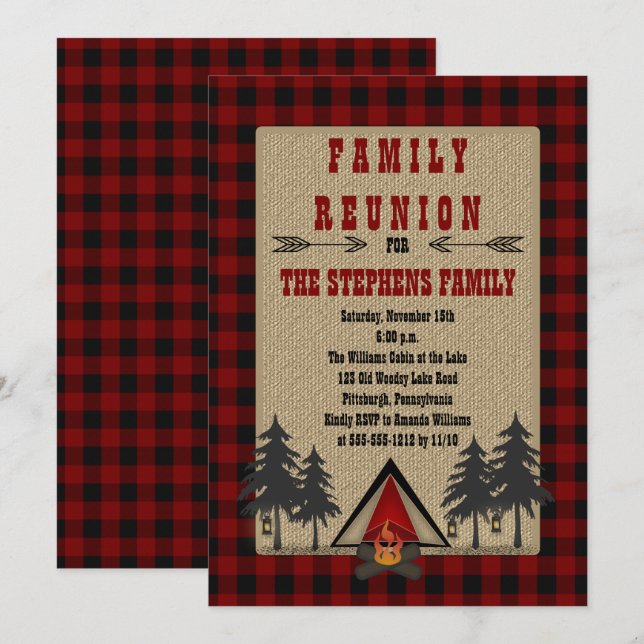 Rustic Red Buffalo Checks Camping Family Reunion Invitation (Front/Back)