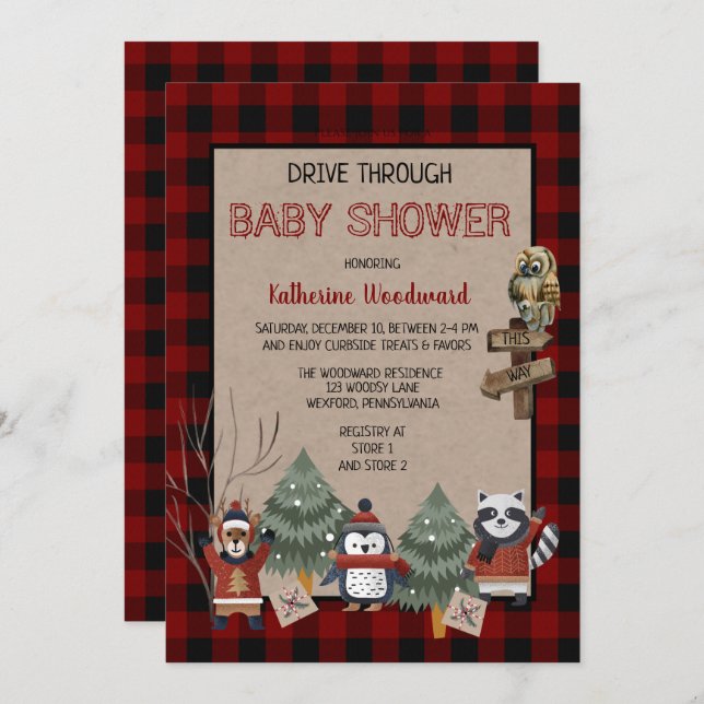 Rustic Red Buffalo Checks Drive Thru Baby Shower I Invitation (Front/Back)