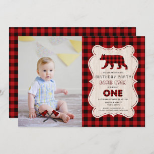 Rustic Red Buffalo Lumberjack Photo 1ST Birthday Invitation