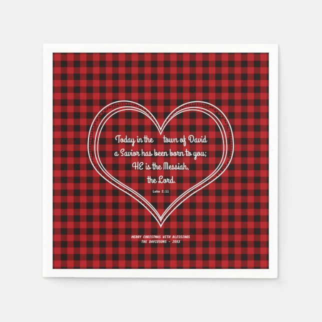 Rustic Red Buffalo Pattern Bible Verse Christmas Napkin (Front)