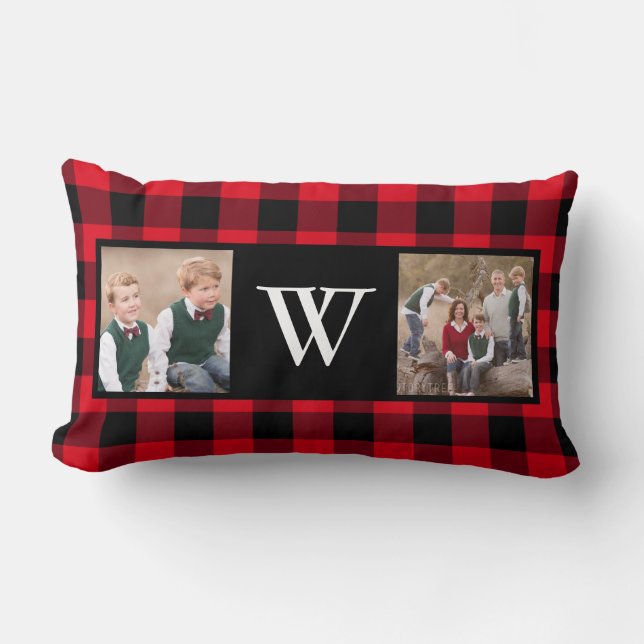 Rustic Red Buffalo Photo Collage Monogram Lumbar Cushion (Front)