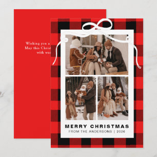 Rustic Red Buffalo Plaid 3 Photo Collage Christmas Holiday Card