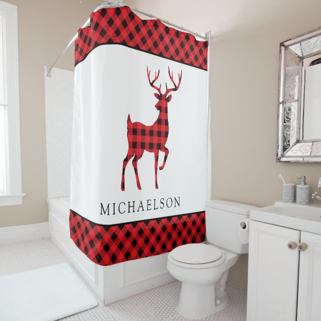 Rustic Red Buffalo Plaid Christmas Deer Silhouette Shower Curtain (In Situ)