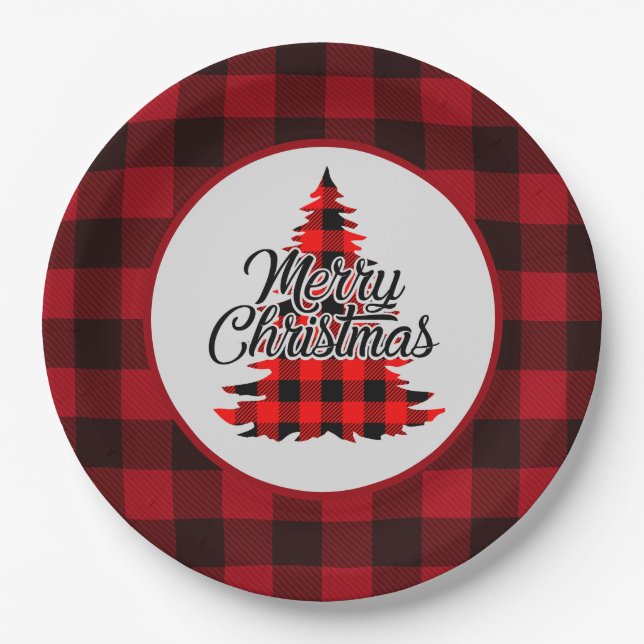 Rustic Red Buffalo Plaid Christmas Paper Plate (Front)