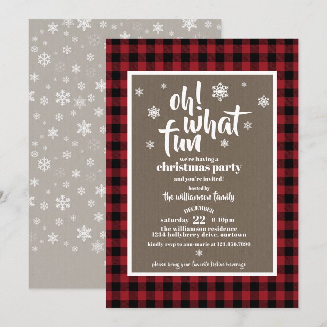 Rustic Red Buffalo Plaid Christmas Party Invitation (Front/Back)