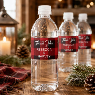 Rustic Red buffalo plaid Christmas winter wedding  Water Bottle Label