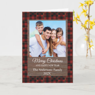 Rustic Red Buffalo Plaid Customisable Family Photo Card