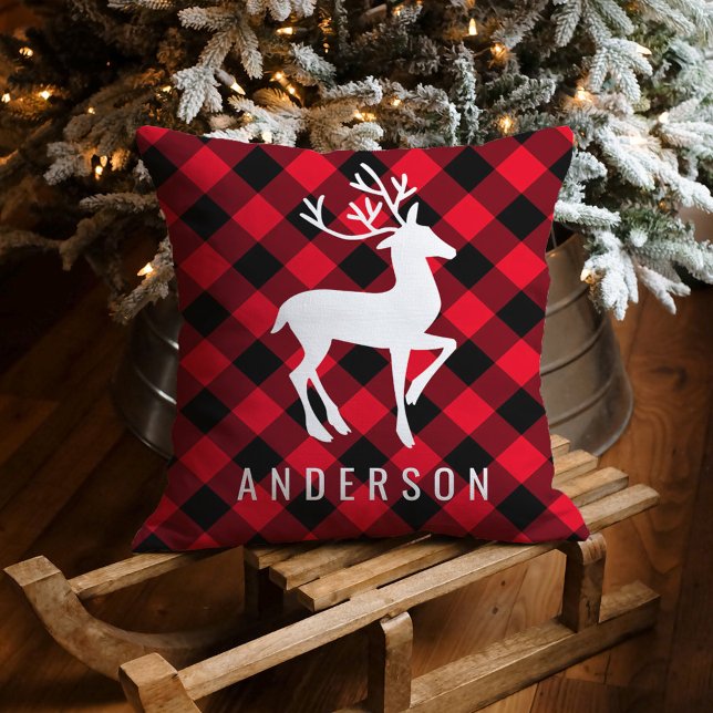 Rustic Red Buffalo Plaid Deer Christmas Monogram Cushion (Creator Uploaded)