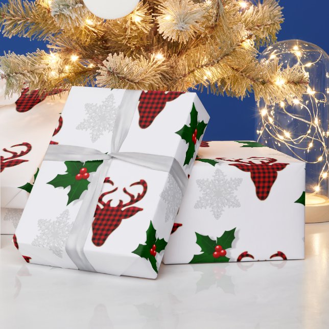 Rustic Red Buffalo Plaid Deer Snowflake and Holly  Wrapping Paper (Holidays)