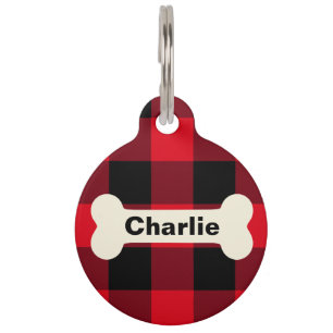 Rustic Red Buffalo Plaid Dog Bone Custom Name Pet Tag