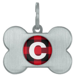 Rustic Red Buffalo Plaid Dog Bone Monogram Pet ID Tag
