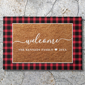 Rustic Red Buffalo Plaid Family Name Coir Welcome Doormat