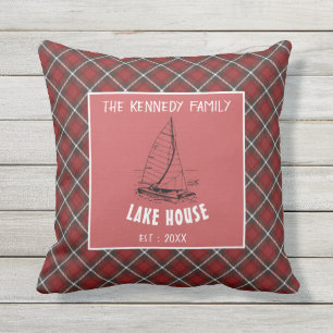Rustic Red Buffalo Plaid Family Name Lake House Cushion