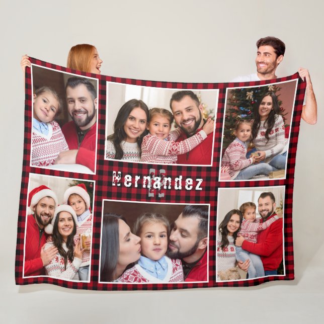 Rustic Red Buffalo Plaid Family Photo Collage Fleece Blanket (In Situ)
