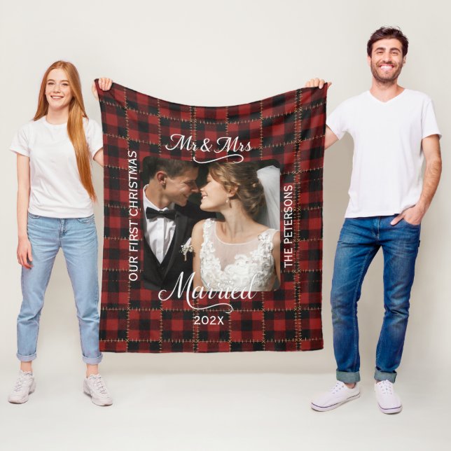 Rustic Red Buffalo Plaid First Christmas Married  Fleece Blanket (In Situ)