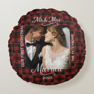 Rustic Red Buffalo Plaid First Christmas Married  Round Cushion