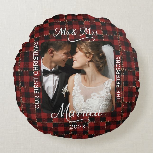Rustic Red Buffalo Plaid First Christmas Married  Round Cushion (Front)