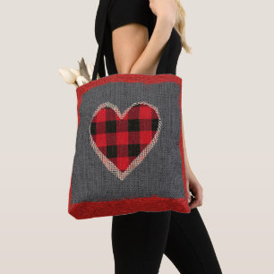 Rustic Red Buffalo Plaid Heart Burlap Faux Lace Tote Bag