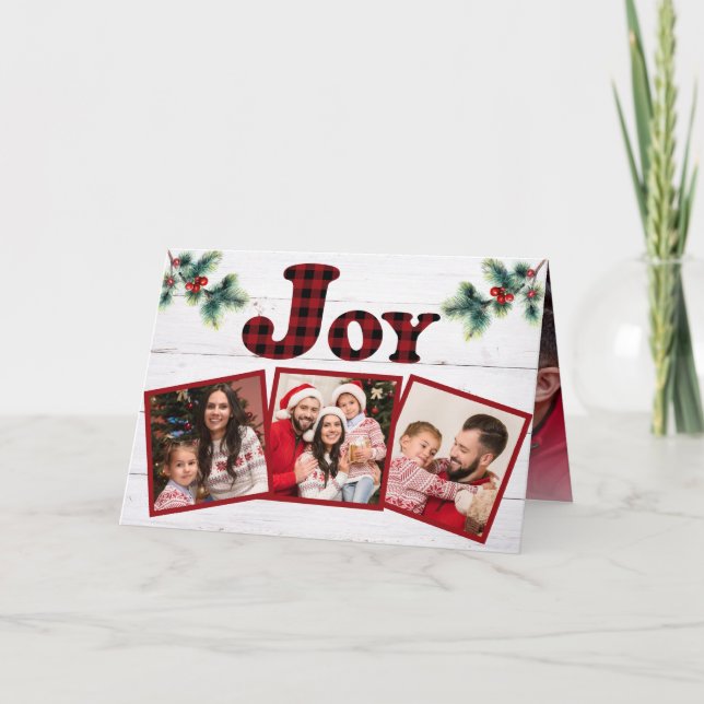 Rustic Red Buffalo Plaid Joy 4 Photo Greenery Holiday Card (Front)