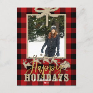 Rustic Red Buffalo Plaid Kraft Reindeer Photo Postcard