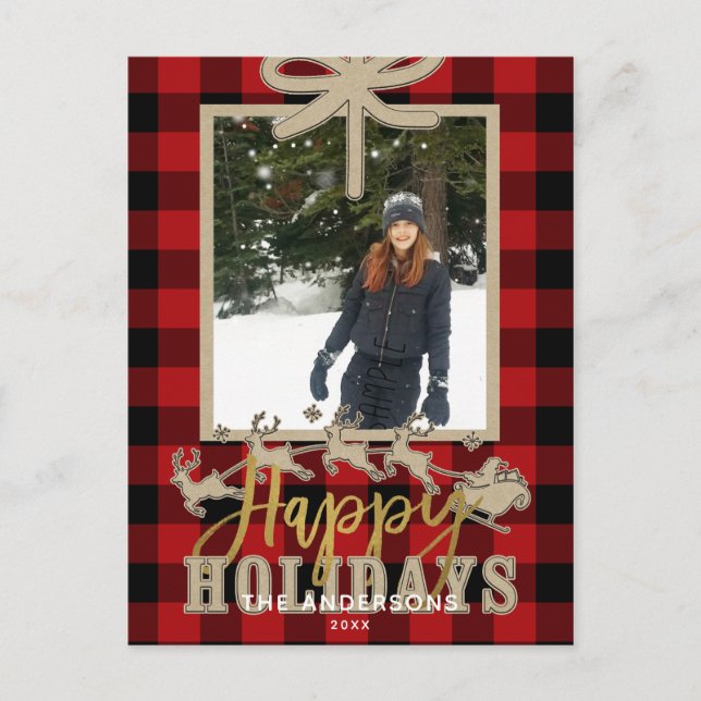 Rustic Red Buffalo Plaid Kraft Reindeer Photo Postcard (Front)
