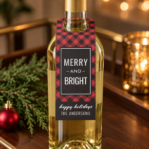 Rustic Red Buffalo Plaid Merry and Bright Bottle Tag