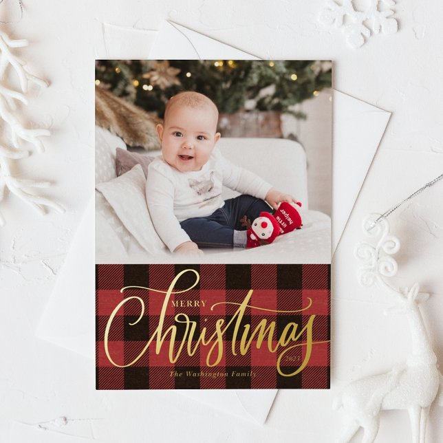 Rustic Red Buffalo Plaid Merry Christmas Photo Foil Holiday Card (Rustic Red Buffalo Plaid Pattern Merry Christmas Photo Foil Holiday Card)