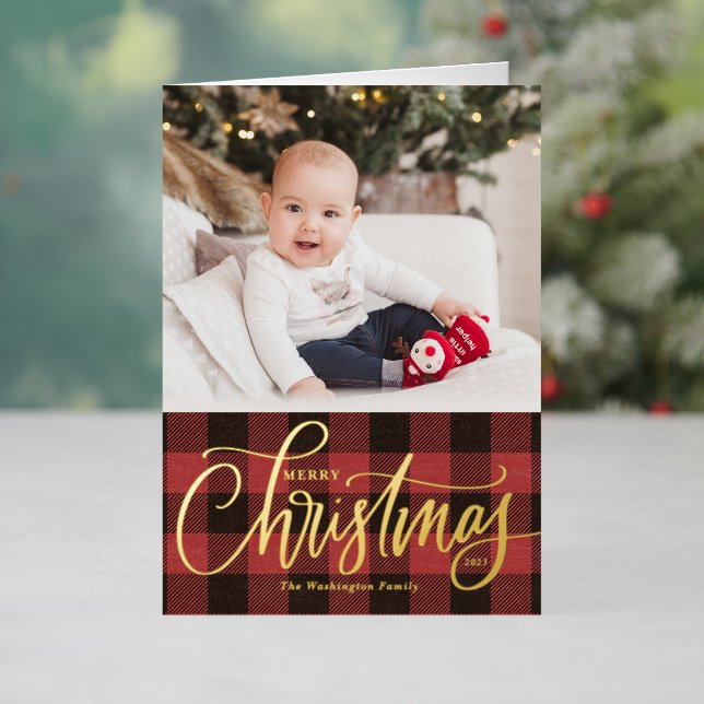 Rustic Red Buffalo Plaid Merry Christmas Photo Foil Holiday Card (Holiday In Situ)
