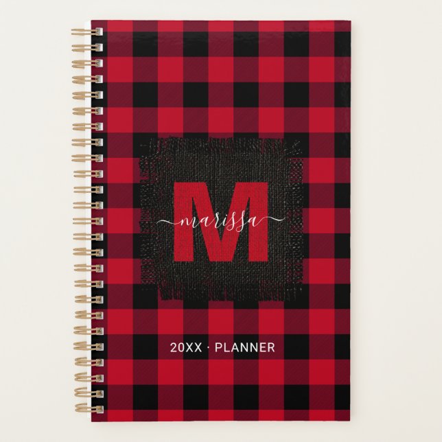 Rustic Red Buffalo Plaid Monogram Name 2025 Planner (Front)