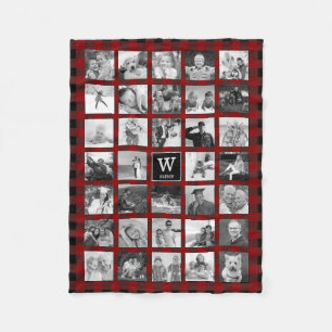 Rustic Red Buffalo Plaid Monogram Photo Collage Fleece Blanket