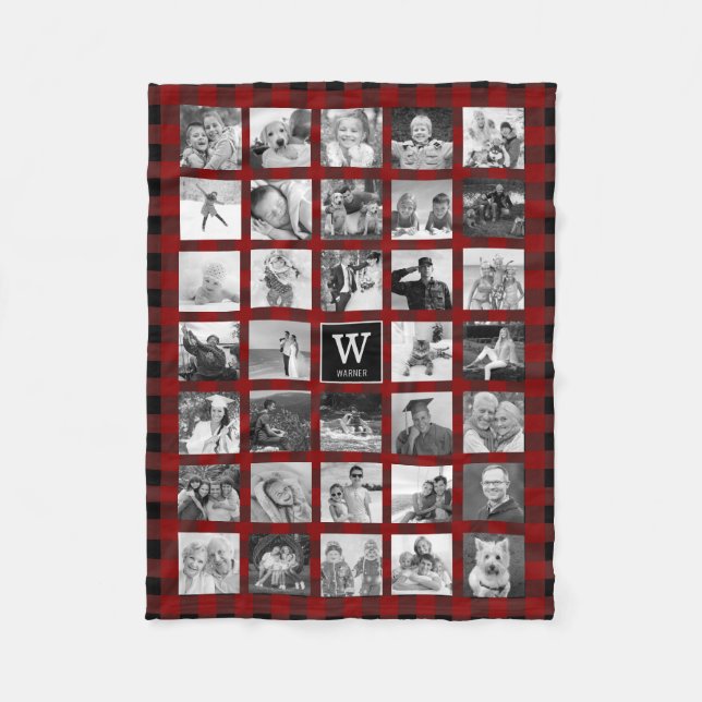 Rustic Red Buffalo Plaid Monogram Photo Collage Fleece Blanket (Front)