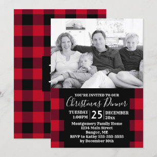 Rustic Red Buffalo Plaid Photo Christmas Dinner Invitation