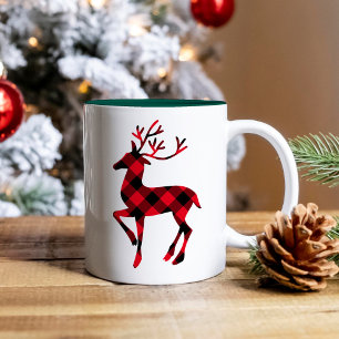 Rustic Red Buffalo Plaid Reindeer Christmas Two-Tone Coffee Mug