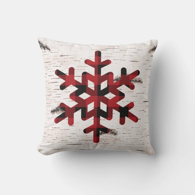 Rustic Red Buffalo Plaid Snowflakes on Birch  Cushion (Front)