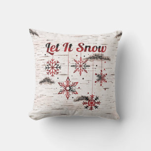 Rustic Red Buffalo Plaid Snowflakes on Birch   Cushion