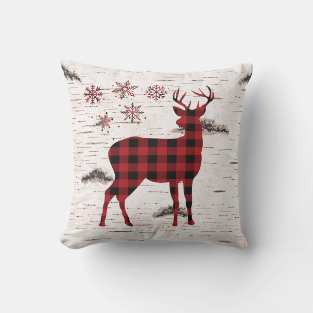 Rustic Red Buffalo Plaid Snowflakes-Reindeer  Cushion (Front)