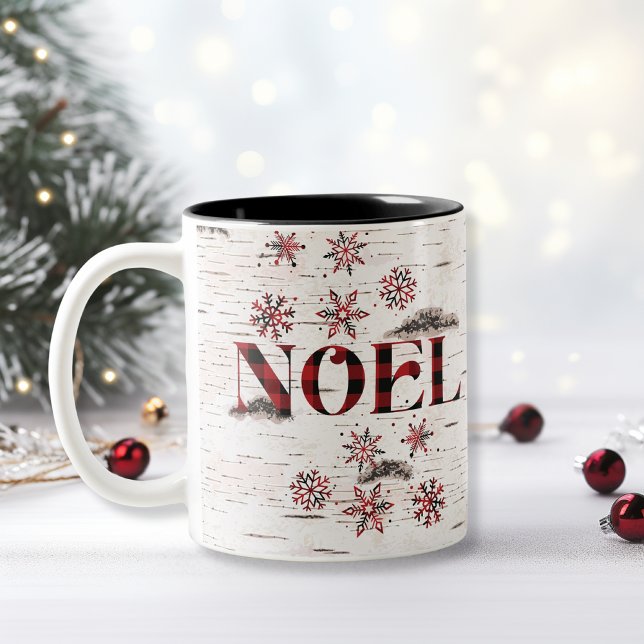 Rustic Red Buffalo Plaid Snowflakes White Birch  Two-Tone Coffee Mug (Creator Uploaded)