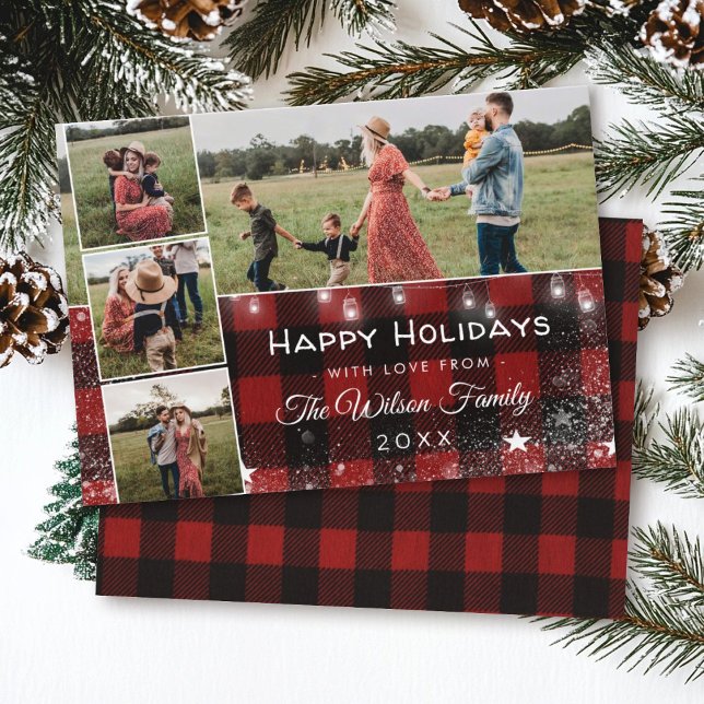 Rustic Red Buffalo Plaid String Lights Mason Jars Holiday Card (Creator Uploaded)