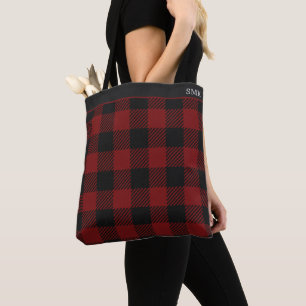 Rustic Red Buffalo Plaid Winter Monogram Tote Bag