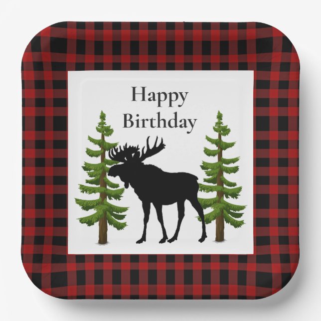 Rustic Red Buffalo Plaid with Moose Birthday  Paper Plate (Front)