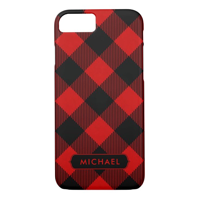 Rustic Red Buffalo Plaid with Name Case-Mate iPhone Case (Back)