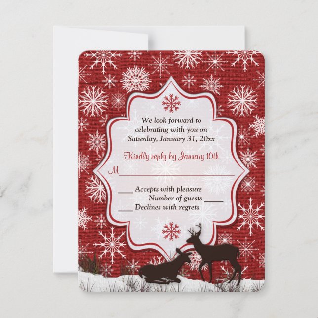 Rustic Red Burlap, Snowflakes, Deer Wedding RSVP Invitation (Front)