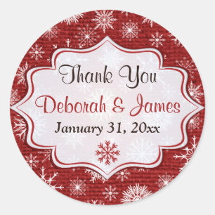 Rustic Red Burlap Snowflakes Wedding Favour Sticke Classic Round Sticker