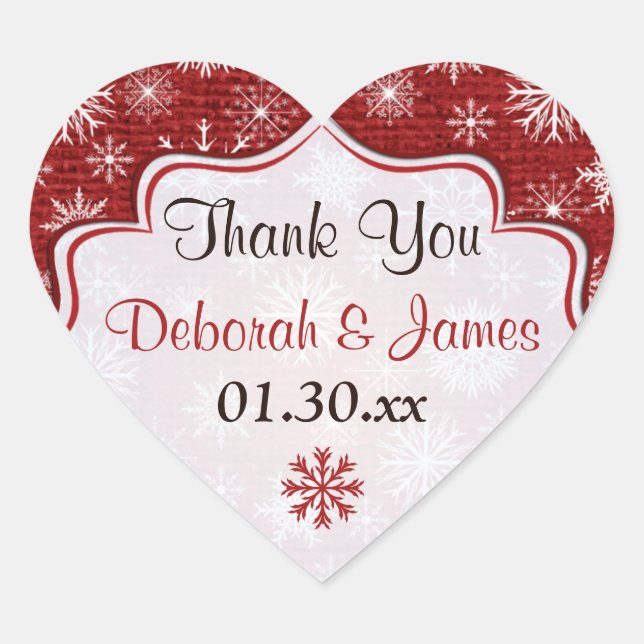 Rustic Red Burlap Snowflakes Wedding Favour Sticke Heart Sticker (Front)