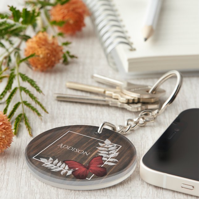 Rustic Red Butterfly Personalised Keychain (Front Right)