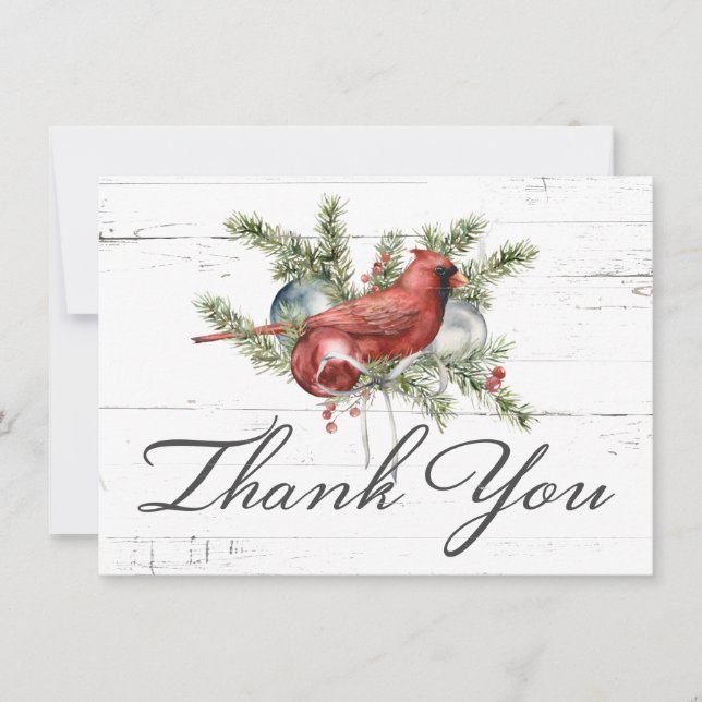 Rustic Red Cardinal Watercolor Holiday Thank You Card (Front)